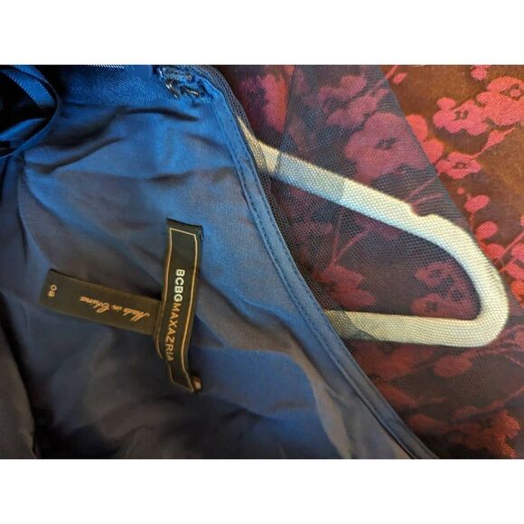 BCBGMAXAZRIA one shoulder blue high-low silk mesh metallic paint dress sz 8 euc - Picture 3 of 7